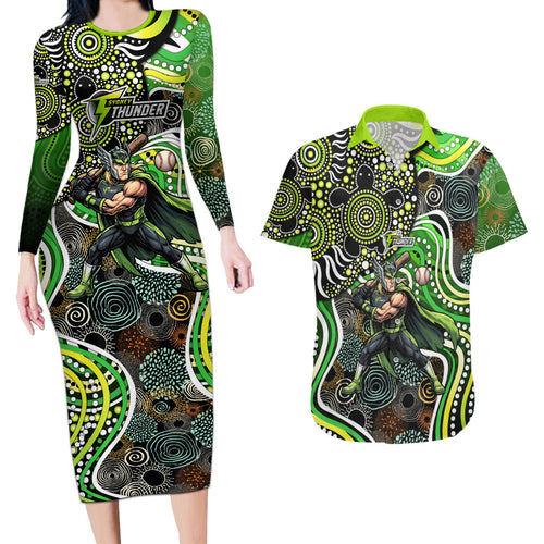 Sydney Thunder Couples Matching Long Sleeve Bodycon Dress and Hawaiian Shirt Indigenous Dot Art Superhero Batter Tribal Pattern