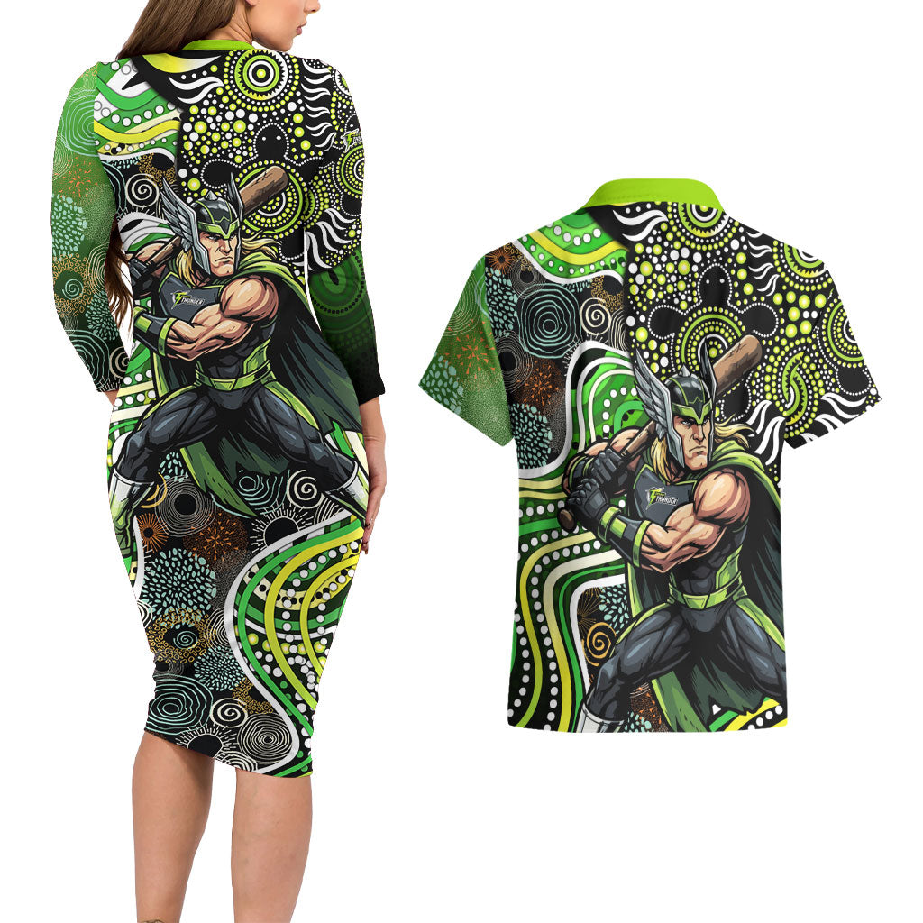 Sydney Thunder Couples Matching Long Sleeve Bodycon Dress and Hawaiian Shirt Indigenous Dot Art Superhero Batter Tribal Pattern