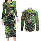 Sydney Thunder Couples Matching Long Sleeve Bodycon Dress and Long Sleeve Button Shirt Indigenous Dot Art Superhero Batter Tribal Pattern