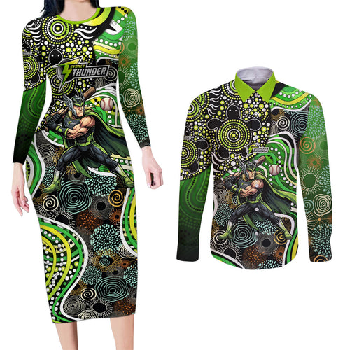 Sydney Thunder Couples Matching Long Sleeve Bodycon Dress and Long Sleeve Button Shirt Indigenous Dot Art Superhero Batter Tribal Pattern