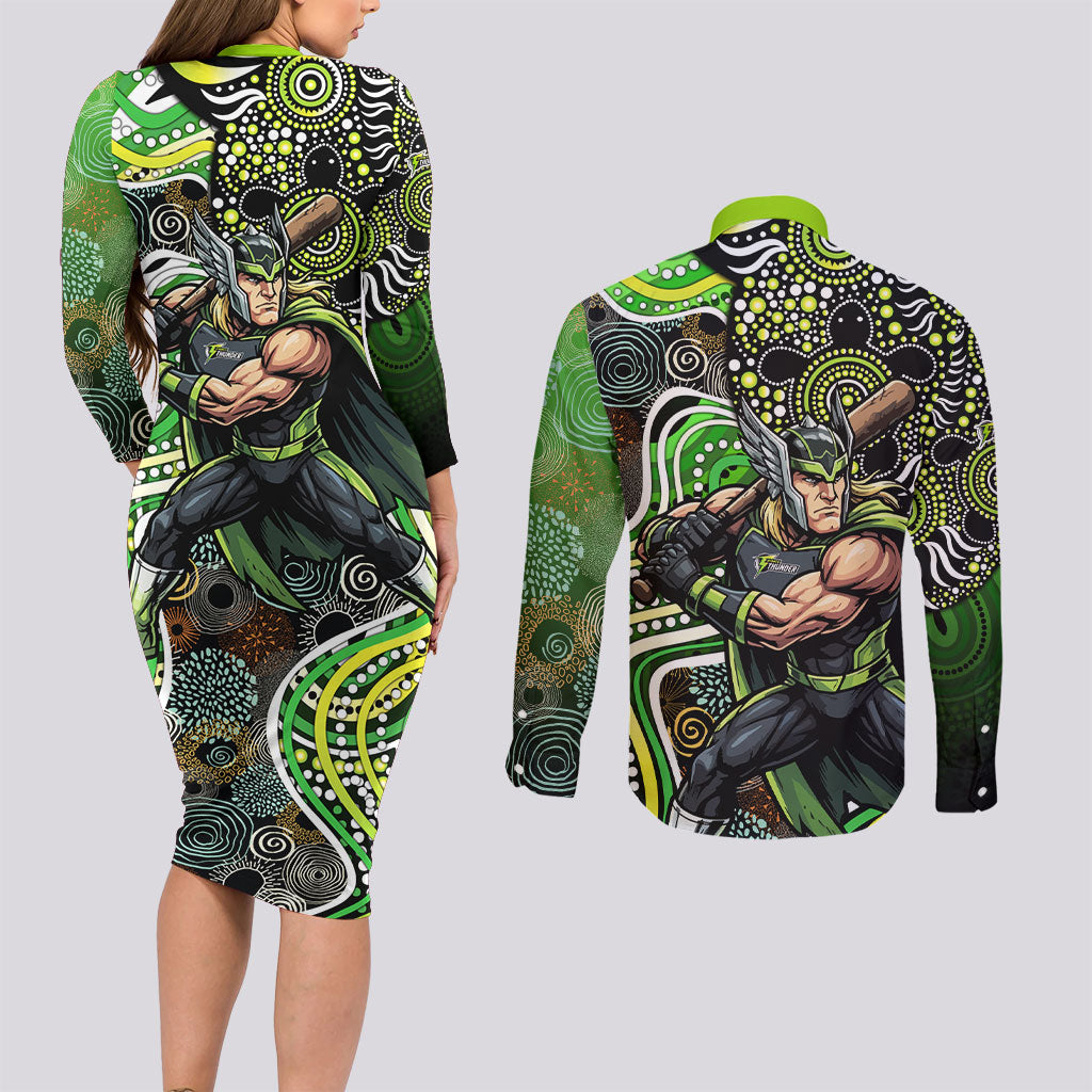 Sydney Thunder Couples Matching Long Sleeve Bodycon Dress and Long Sleeve Button Shirt Indigenous Dot Art Superhero Batter Tribal Pattern