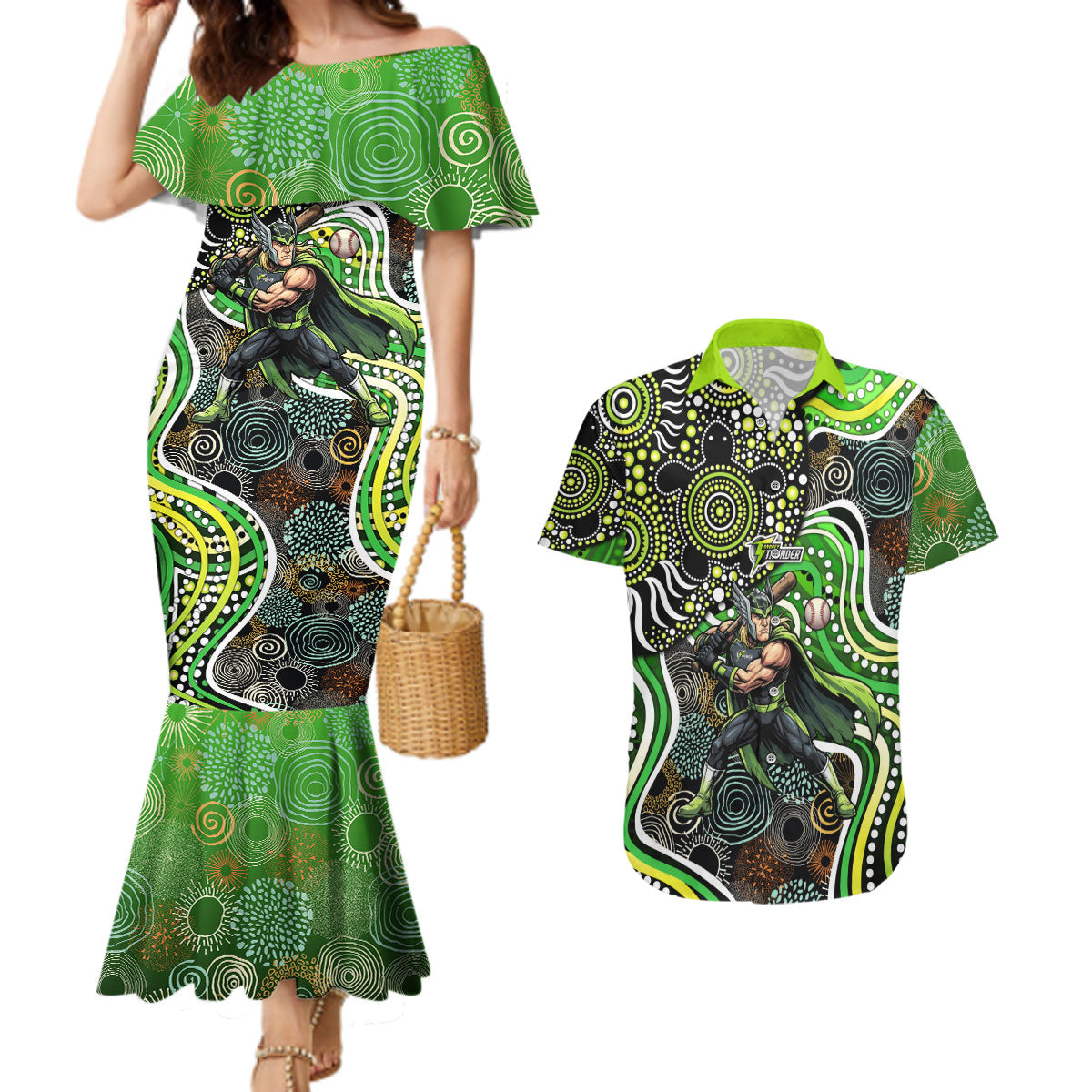Sydney Thunder Couples Matching Mermaid Dress and Hawaiian Shirt Indigenous Dot Art Superhero Batter Tribal Pattern