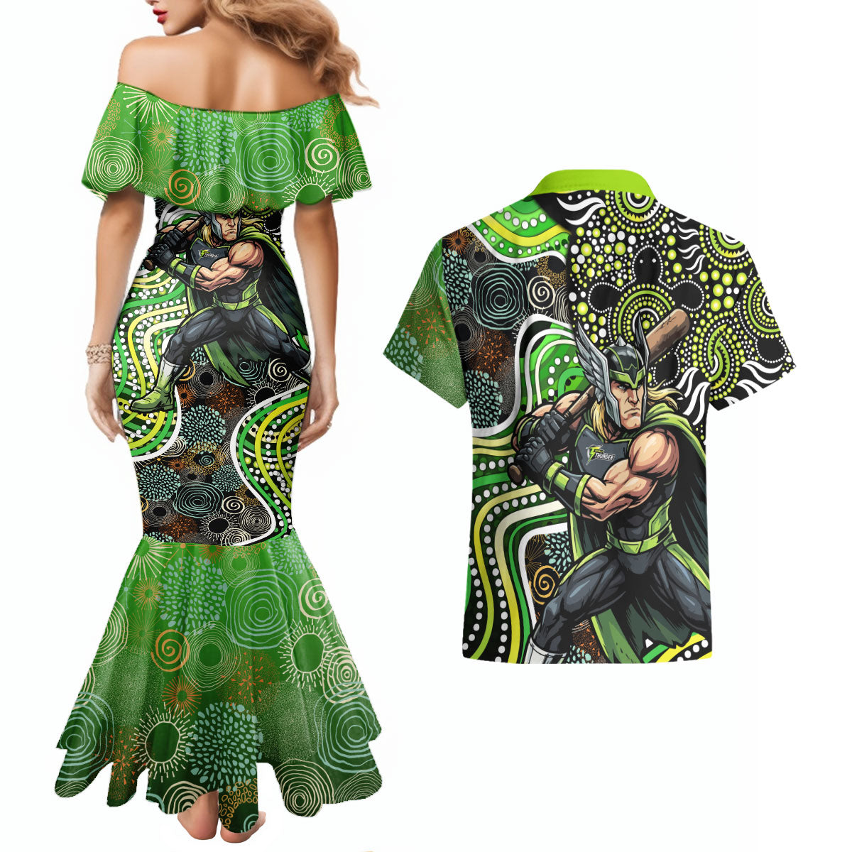 Sydney Thunder Couples Matching Mermaid Dress and Hawaiian Shirt Indigenous Dot Art Superhero Batter Tribal Pattern
