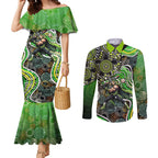 Sydney Thunder Couples Matching Mermaid Dress and Long Sleeve Button Shirt Indigenous Dot Art Superhero Batter Tribal Pattern