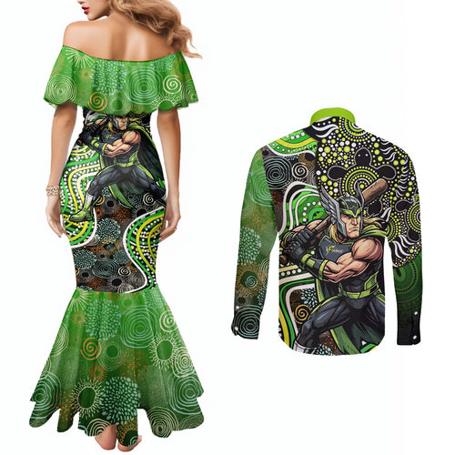 Sydney Thunder Couples Matching Mermaid Dress and Long Sleeve Button Shirt Indigenous Dot Art Superhero Batter Tribal Pattern