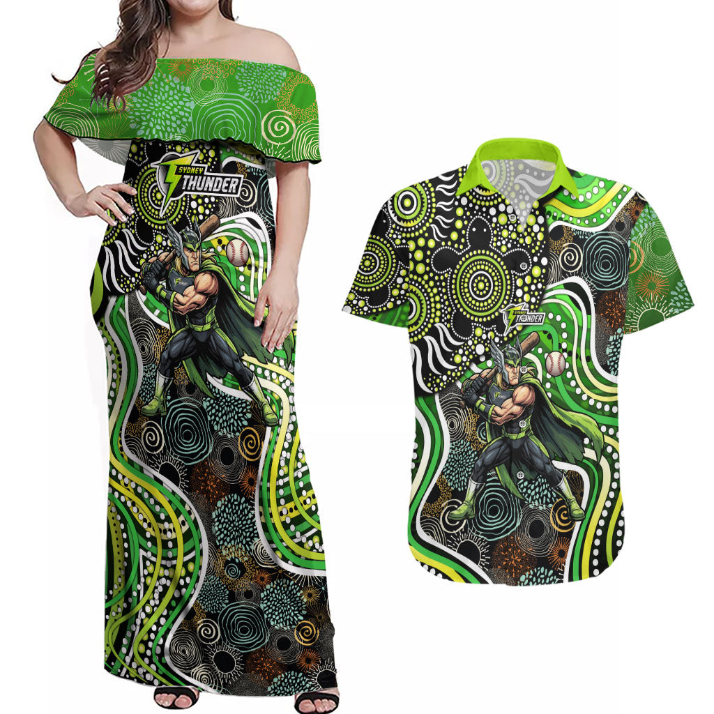 Sydney Thunder Couples Matching Off Shoulder Maxi Dress and Hawaiian Shirt Indigenous Dot Art Superhero Batter Tribal Pattern