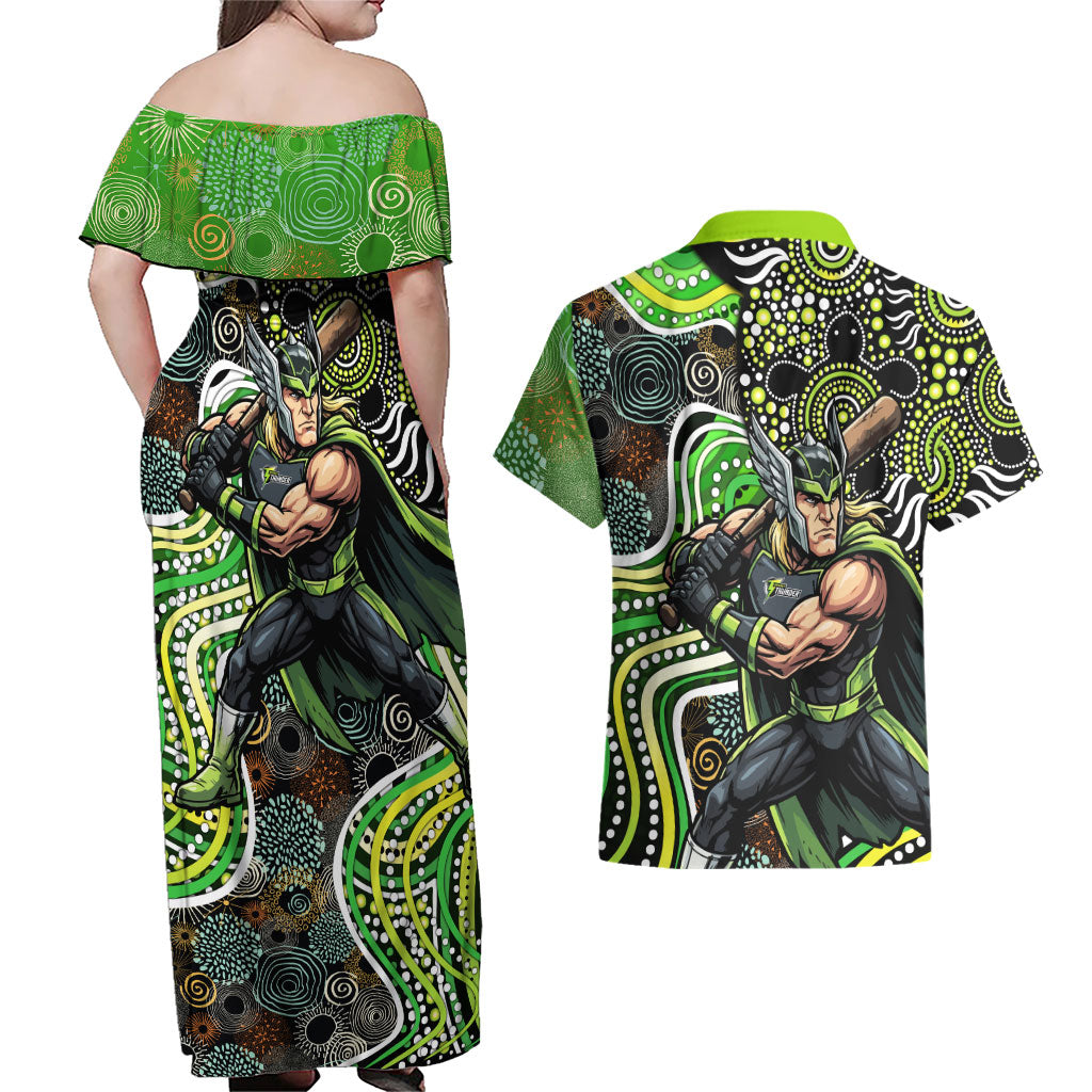 Sydney Thunder Couples Matching Off Shoulder Maxi Dress and Hawaiian Shirt Indigenous Dot Art Superhero Batter Tribal Pattern