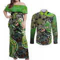 Sydney Thunder Couples Matching Off Shoulder Maxi Dress and Long Sleeve Button Shirt Indigenous Dot Art Superhero Batter Tribal Pattern