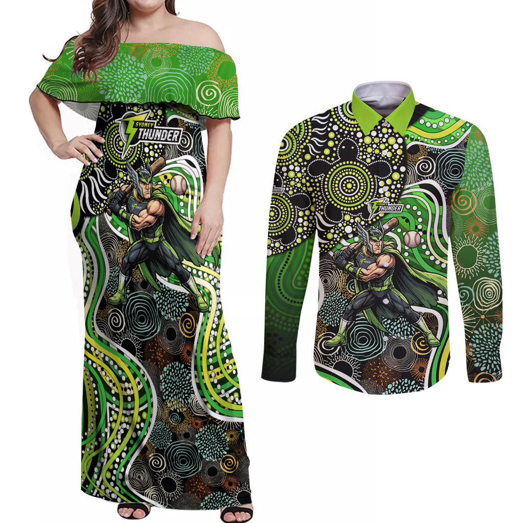 Sydney Thunder Couples Matching Off Shoulder Maxi Dress and Long Sleeve Button Shirt Indigenous Dot Art Superhero Batter Tribal Pattern