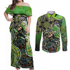 Sydney Thunder Couples Matching Off Shoulder Maxi Dress and Long Sleeve Button Shirt Indigenous Dot Art Superhero Batter Tribal Pattern