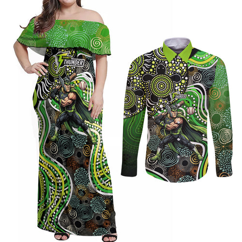 Sydney Thunder Couples Matching Off Shoulder Maxi Dress and Long Sleeve Button Shirt Indigenous Dot Art Superhero Batter Tribal Pattern