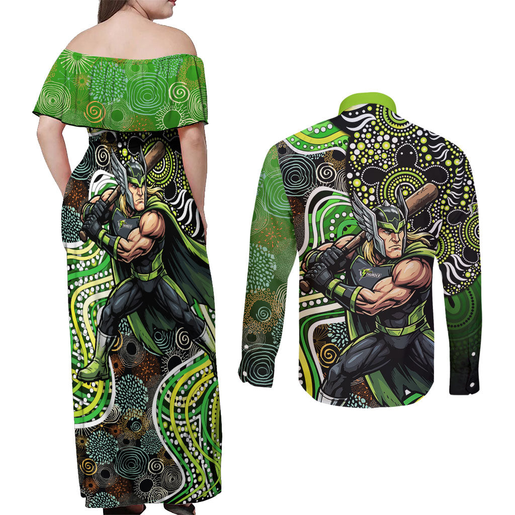 Sydney Thunder Couples Matching Off Shoulder Maxi Dress and Long Sleeve Button Shirt Indigenous Dot Art Superhero Batter Tribal Pattern