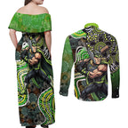Sydney Thunder Couples Matching Off Shoulder Maxi Dress and Long Sleeve Button Shirt Indigenous Dot Art Superhero Batter Tribal Pattern