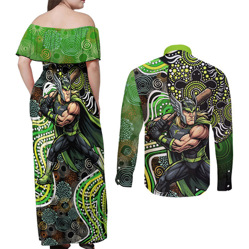 Sydney Thunder Couples Matching Off Shoulder Maxi Dress and Long Sleeve Button Shirt Indigenous Dot Art Superhero Batter Tribal Pattern
