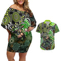 Sydney Thunder Couples Matching Off Shoulder Short Dress and Hawaiian Shirt Indigenous Dot Art Superhero Batter Tribal Pattern