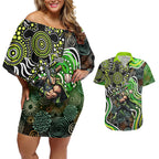 Sydney Thunder Couples Matching Off Shoulder Short Dress and Hawaiian Shirt Indigenous Dot Art Superhero Batter Tribal Pattern
