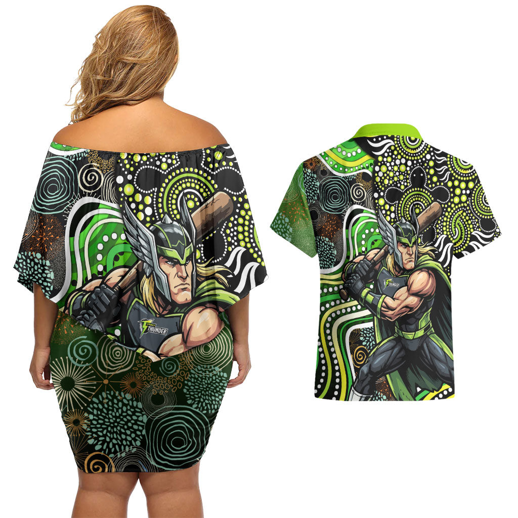 Sydney Thunder Couples Matching Off Shoulder Short Dress and Hawaiian Shirt Indigenous Dot Art Superhero Batter Tribal Pattern