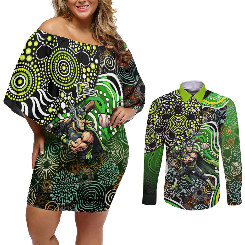 Sydney Thunder Couples Matching Off Shoulder Short Dress and Long Sleeve Button Shirt Indigenous Dot Art Superhero Batter Tribal Pattern