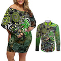 Sydney Thunder Couples Matching Off Shoulder Short Dress and Long Sleeve Button Shirt Indigenous Dot Art Superhero Batter Tribal Pattern