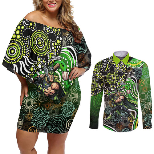 Sydney Thunder Couples Matching Off Shoulder Short Dress and Long Sleeve Button Shirt Indigenous Dot Art Superhero Batter Tribal Pattern