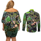Sydney Thunder Couples Matching Off Shoulder Short Dress and Long Sleeve Button Shirt Indigenous Dot Art Superhero Batter Tribal Pattern