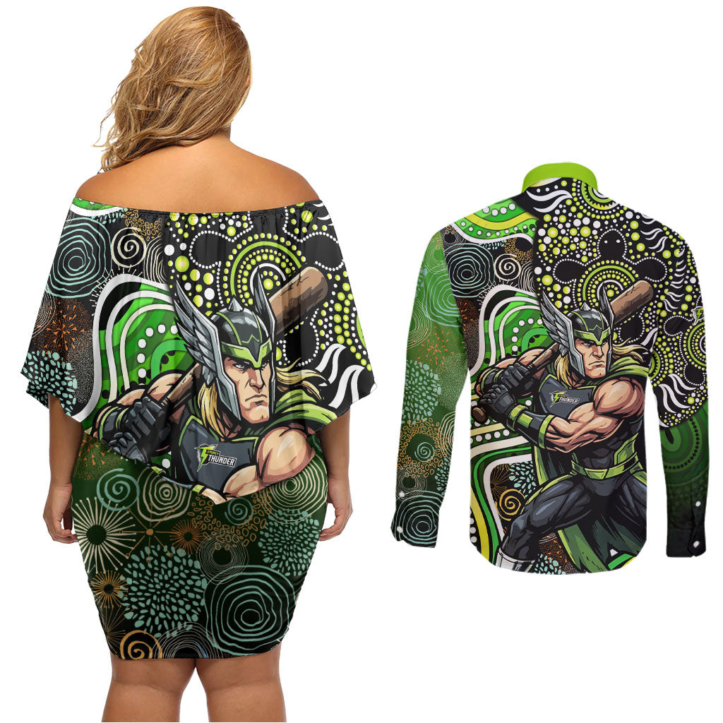 Sydney Thunder Couples Matching Off Shoulder Short Dress and Long Sleeve Button Shirt Indigenous Dot Art Superhero Batter Tribal Pattern