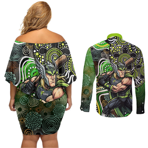 Sydney Thunder Couples Matching Off Shoulder Short Dress and Long Sleeve Button Shirt Indigenous Dot Art Superhero Batter Tribal Pattern