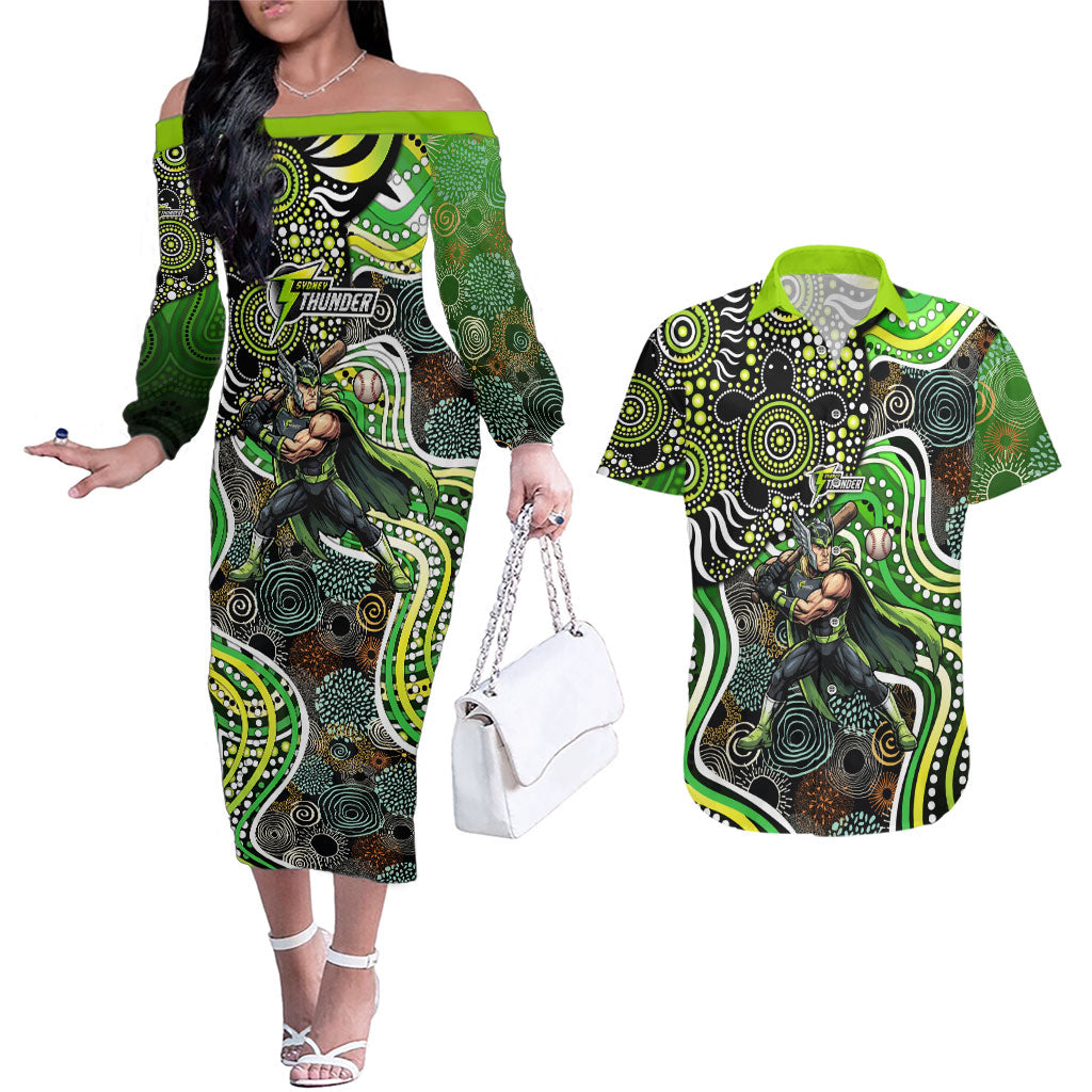 Sydney Thunder Couples Matching Off The Shoulder Long Sleeve Dress and Hawaiian Shirt Indigenous Dot Art Superhero Batter Tribal Pattern