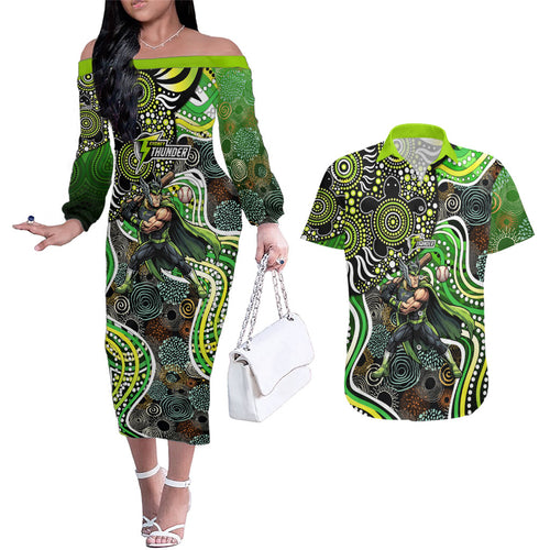 Sydney Thunder Couples Matching Off The Shoulder Long Sleeve Dress and Hawaiian Shirt Indigenous Dot Art Superhero Batter Tribal Pattern