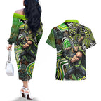 Sydney Thunder Couples Matching Off The Shoulder Long Sleeve Dress and Hawaiian Shirt Indigenous Dot Art Superhero Batter Tribal Pattern