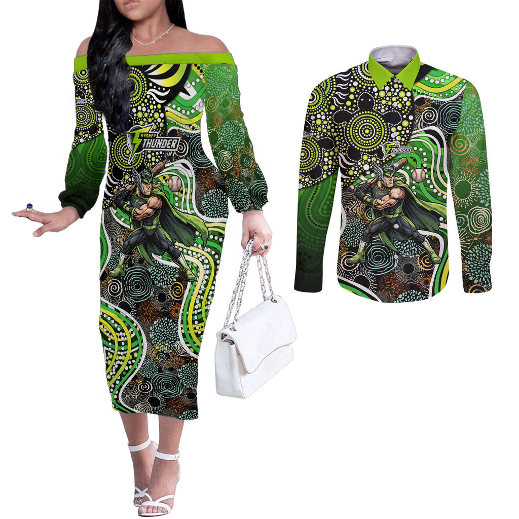 Sydney Thunder Couples Matching Off The Shoulder Long Sleeve Dress and Long Sleeve Button Shirt Indigenous Dot Art Superhero Batter Tribal Pattern