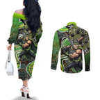 Sydney Thunder Couples Matching Off The Shoulder Long Sleeve Dress and Long Sleeve Button Shirt Indigenous Dot Art Superhero Batter Tribal Pattern