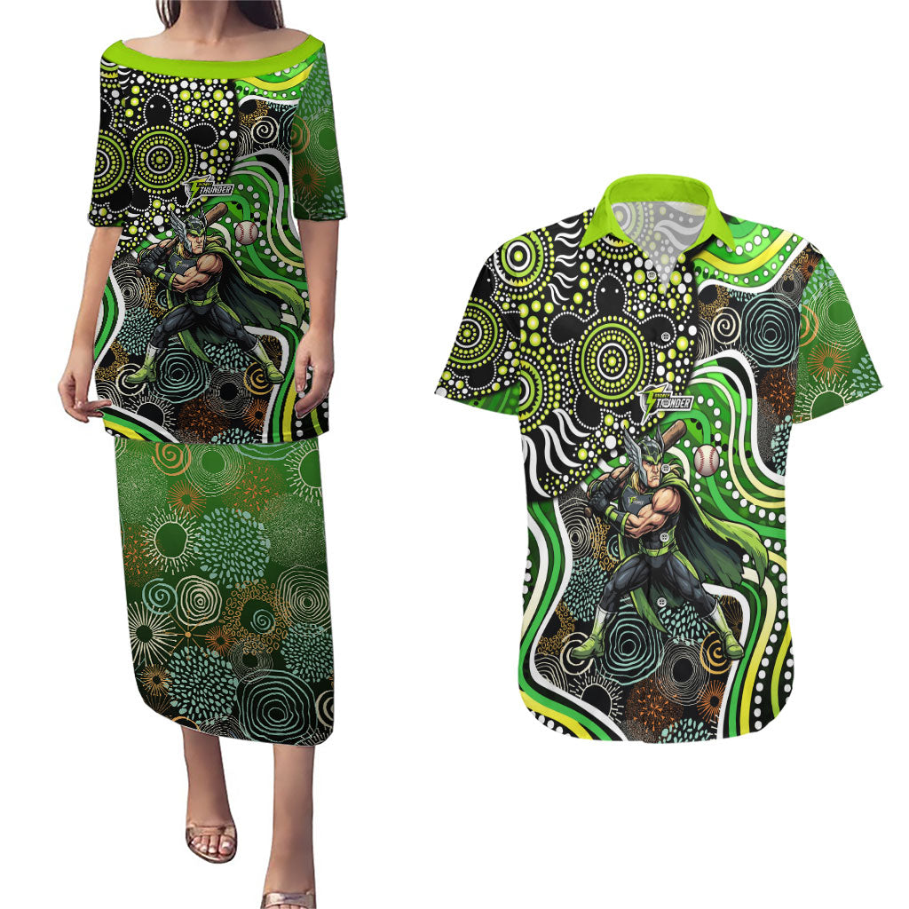Sydney Thunder Couples Matching Puletasi and Hawaiian Shirt Indigenous Dot Art Superhero Batter Tribal Pattern