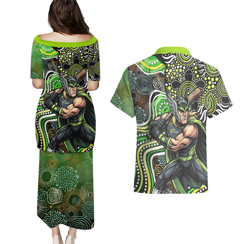Sydney Thunder Couples Matching Puletasi and Hawaiian Shirt Indigenous Dot Art Superhero Batter Tribal Pattern