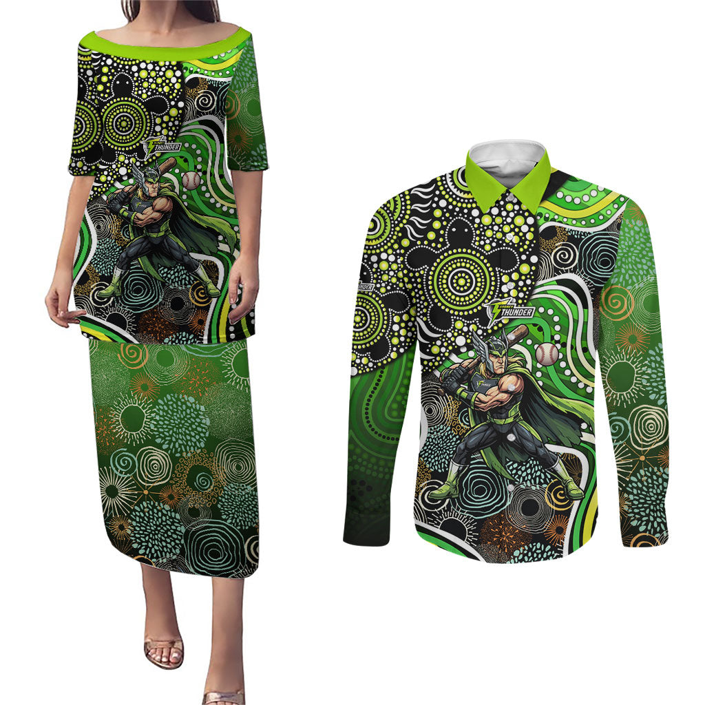 Sydney Thunder Couples Matching Puletasi and Long Sleeve Button Shirt Indigenous Dot Art Superhero Batter Tribal Pattern