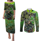 Sydney Thunder Couples Matching Puletasi and Long Sleeve Button Shirt Indigenous Dot Art Superhero Batter Tribal Pattern