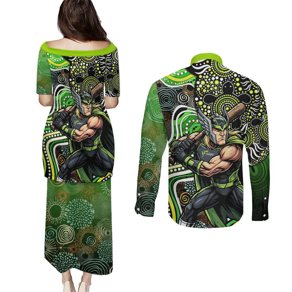 Sydney Thunder Couples Matching Puletasi and Long Sleeve Button Shirt Indigenous Dot Art Superhero Batter Tribal Pattern