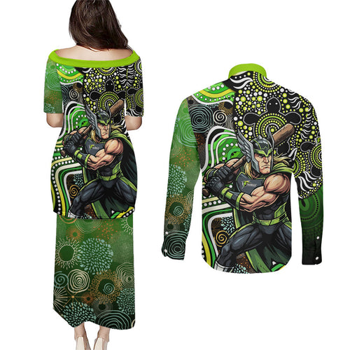 Sydney Thunder Couples Matching Puletasi and Long Sleeve Button Shirt Indigenous Dot Art Superhero Batter Tribal Pattern