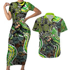 Sydney Thunder Couples Matching Short Sleeve Bodycon Dress and Hawaiian Shirt Indigenous Dot Art Superhero Batter Tribal Pattern