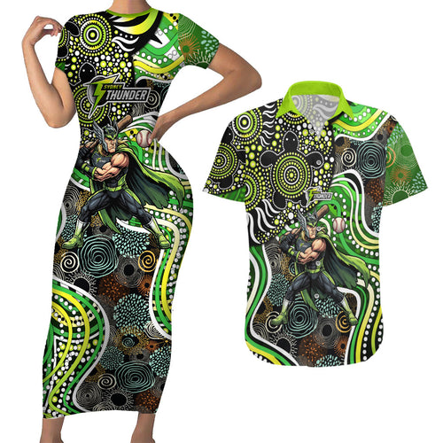 Sydney Thunder Couples Matching Short Sleeve Bodycon Dress and Hawaiian Shirt Indigenous Dot Art Superhero Batter Tribal Pattern