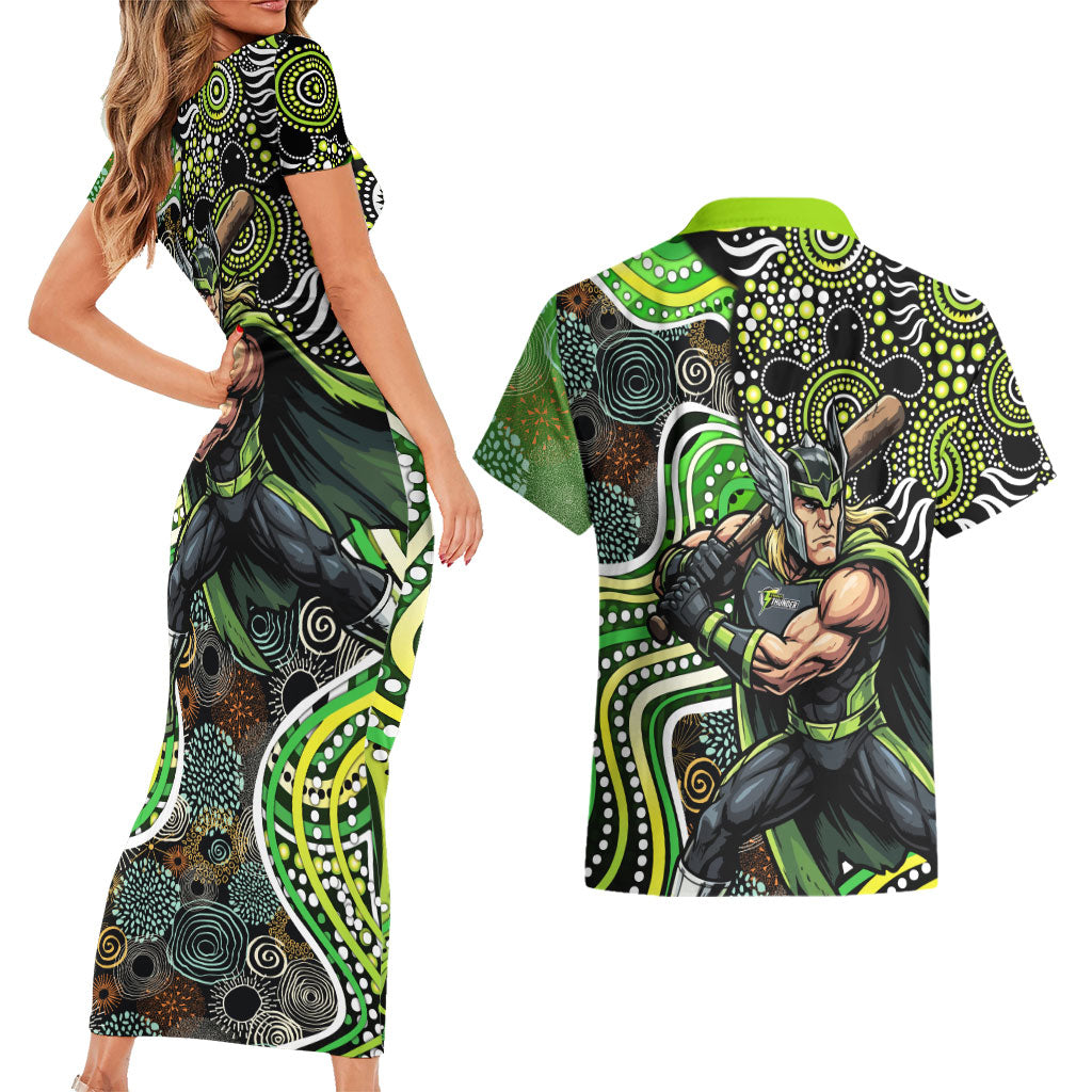 Sydney Thunder Couples Matching Short Sleeve Bodycon Dress and Hawaiian Shirt Indigenous Dot Art Superhero Batter Tribal Pattern