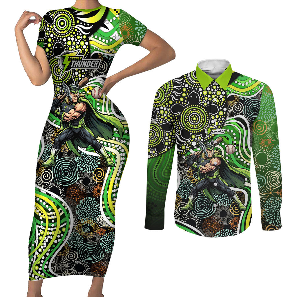 Sydney Thunder Couples Matching Short Sleeve Bodycon Dress and Long Sleeve Button Shirt Indigenous Dot Art Superhero Batter Tribal Pattern