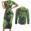 Sydney Thunder Couples Matching Short Sleeve Bodycon Dress and Long Sleeve Button Shirt Indigenous Dot Art Superhero Batter Tribal Pattern