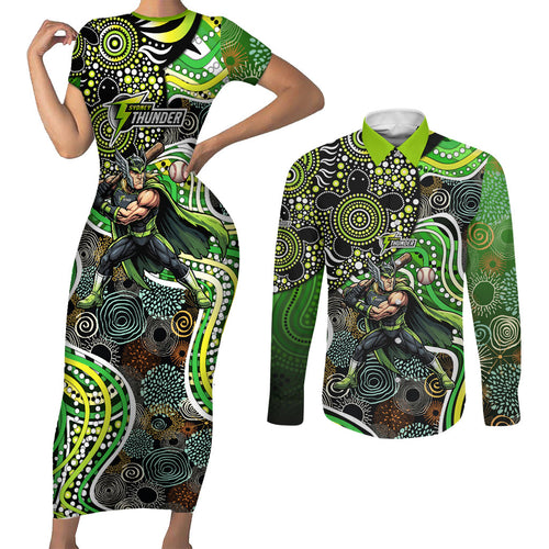 Sydney Thunder Couples Matching Short Sleeve Bodycon Dress and Long Sleeve Button Shirt Indigenous Dot Art Superhero Batter Tribal Pattern