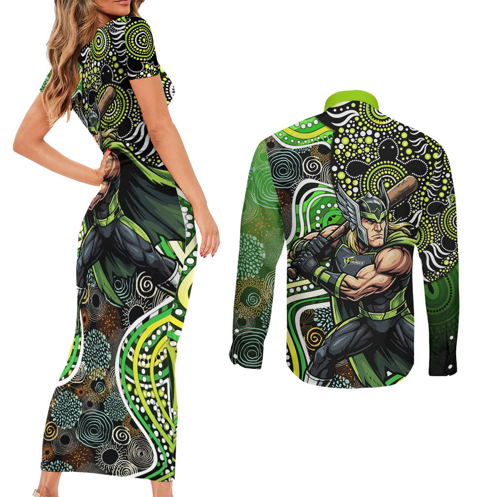 Sydney Thunder Couples Matching Short Sleeve Bodycon Dress and Long Sleeve Button Shirt Indigenous Dot Art Superhero Batter Tribal Pattern