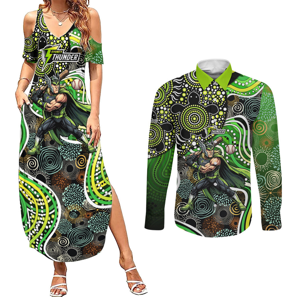 Sydney Thunder Couples Matching Summer Maxi Dress and Long Sleeve Button Shirt Indigenous Dot Art Superhero Batter Tribal Pattern