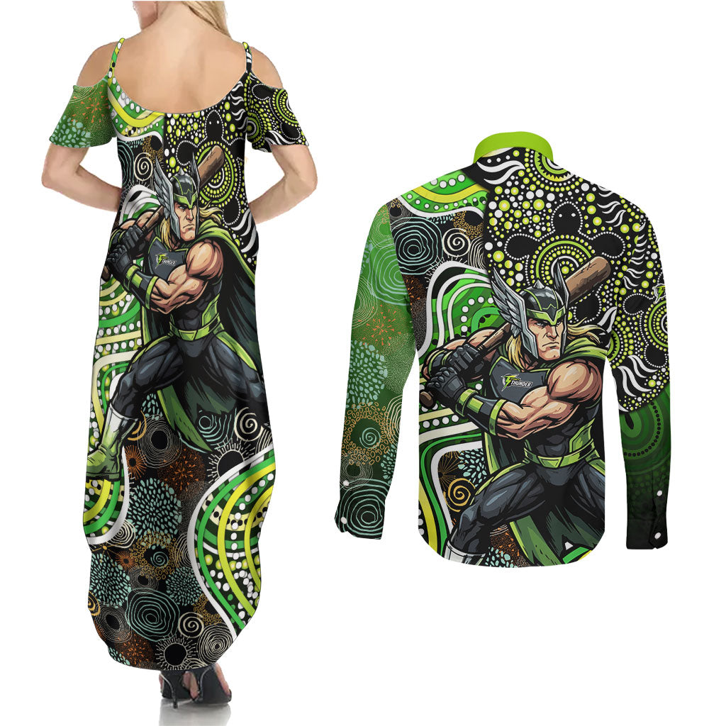 Sydney Thunder Couples Matching Summer Maxi Dress and Long Sleeve Button Shirt Indigenous Dot Art Superhero Batter Tribal Pattern