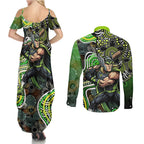 Sydney Thunder Couples Matching Summer Maxi Dress and Long Sleeve Button Shirt Indigenous Dot Art Superhero Batter Tribal Pattern