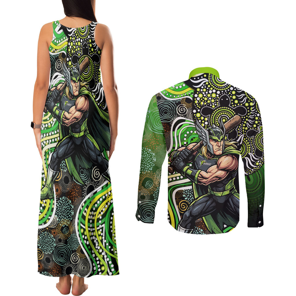 Sydney Thunder Couples Matching Tank Maxi Dress and Long Sleeve Button Shirt Indigenous Dot Art Superhero Batter Tribal Pattern