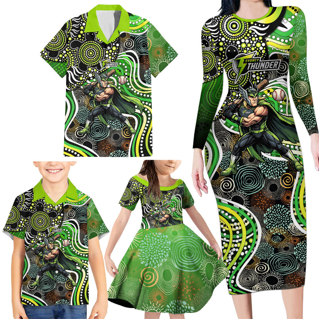 Sydney Thunder Family Matching Long Sleeve Bodycon Dress and Hawaiian Shirt Indigenous Dot Art Superhero Batter Tribal Pattern